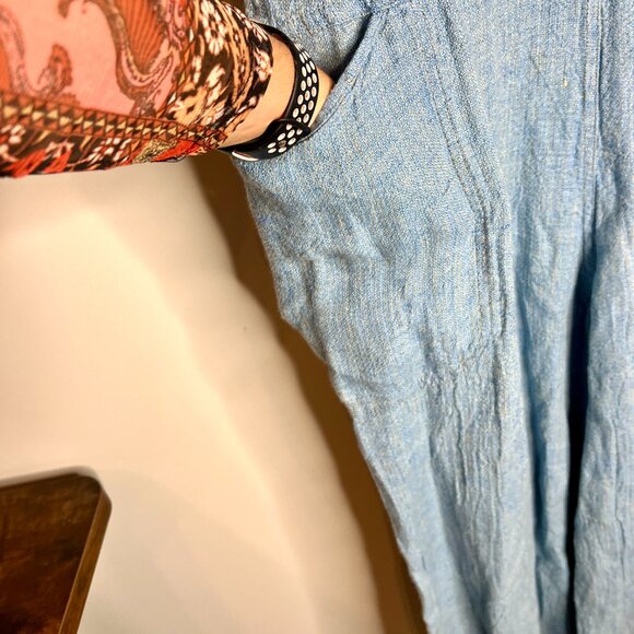 Flax 100% Linen Blue Chambray Oversized Jumpsuit Large Front Pockets Boho Sz S - Picture 3 of 5